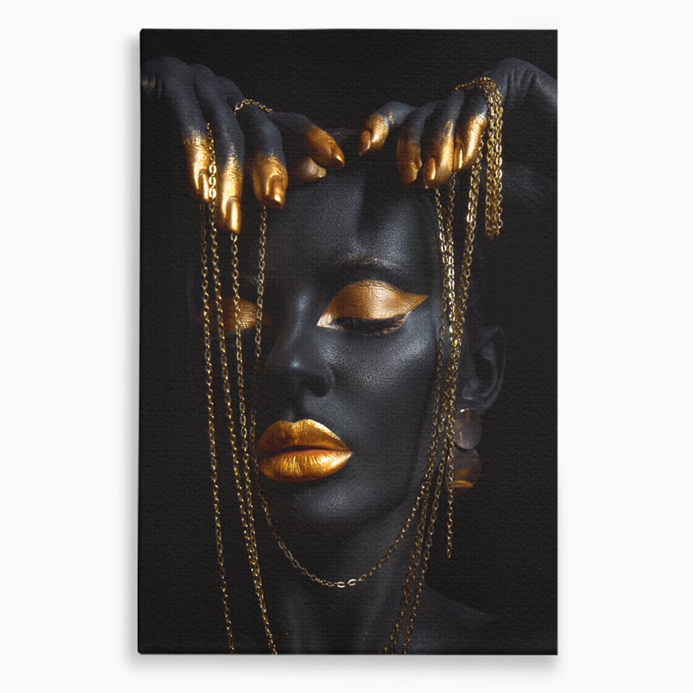 Tablou canvas cu tablou portret femeie vopsita in negru si auriu, fara rama, pe sasiu de lemn